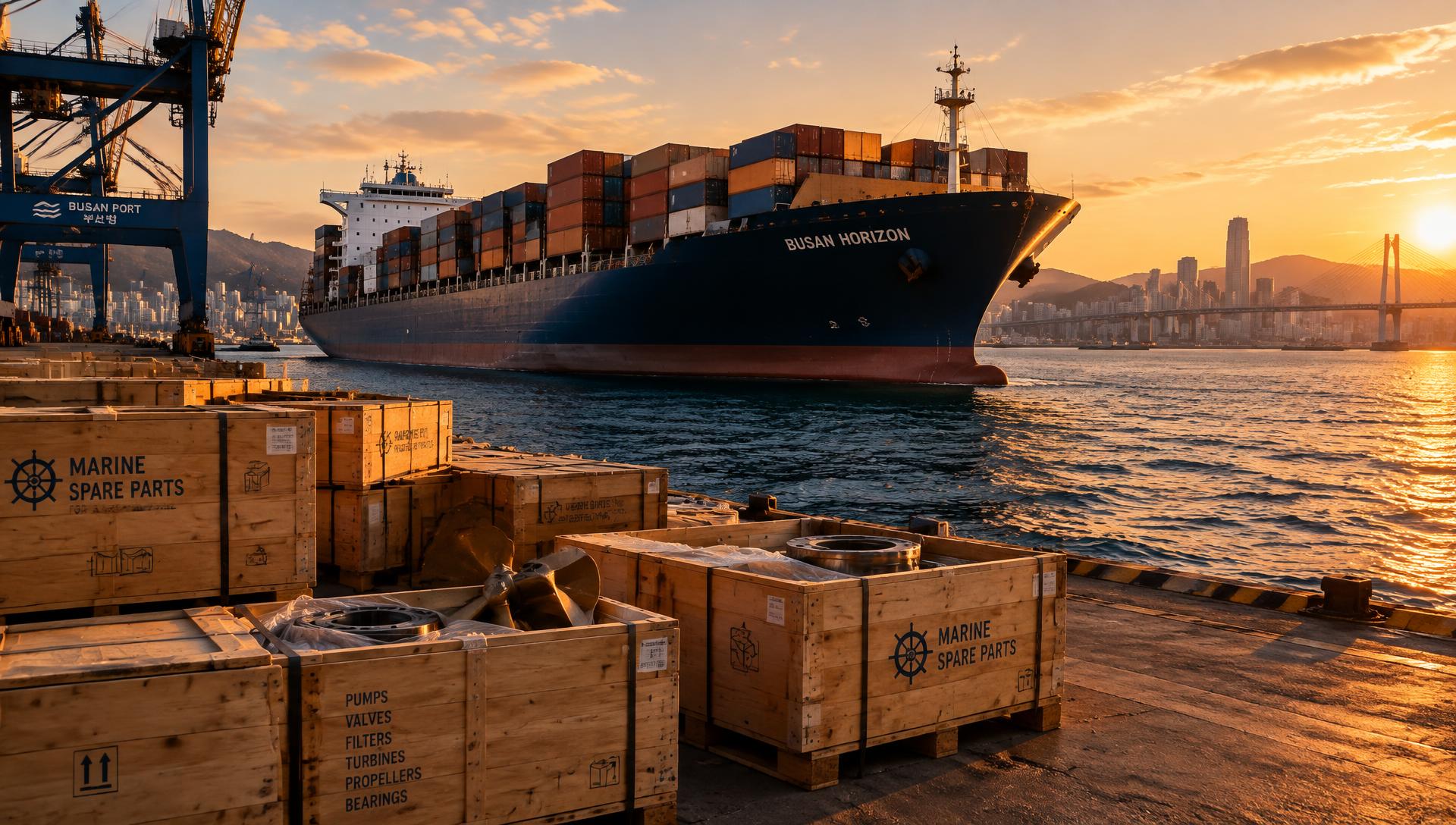 Container ship at Busan port with crates of marine spare parts